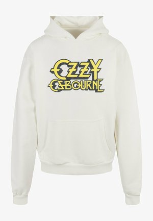 Kremo spalvos medvilninis džemperis su "OZZY OSBOURNE" užrašu geltona ir juoda spalvomis, kišenė, pinti rankogaliai ir su veržlėmis reguliuojama gobtuvė.