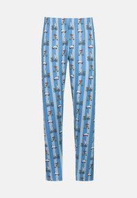 Blaue Pyjamahose mit einem wiederholten Muster von Hunden und Menschen, die Fahrräder fahren, mit glatter Textur und elastischem Bund.