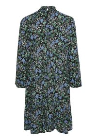 Blumenkleid mit schwarzem Hintergrund, das grüne und blaue Blumenmuster, lange Ärmel, einen gerafften Halsauschnitt und einen ausgestellten Saum aufweist.