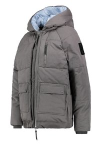 Veste d'hiver matelassée grise avec capuche doublée bleu clair, fermeture éclair frontale, poche poitrine zippée et deux poches à rabat avec boutons.