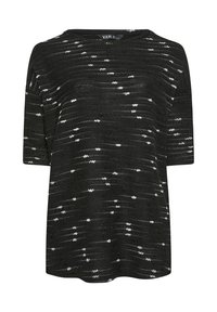 Svart kortärmad topp med en texturerad design som har vita och grå ränder. Rund halsringning, avslappnad passform och mjukt tyg.