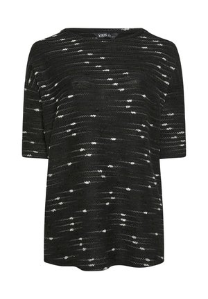 Schwarzes Kurzarmoberteil mit einem strukturierten Design, das weiße und graue Streifen aufweist. Runder Halsausschnitt, lockerer Schnitt und weicher Stoff.