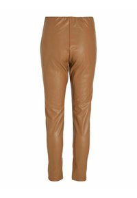 Leggings en simili cuir marron avec une texture lisse, une coupe ajustée et une longueur au niveau de la cheville. Pas de coutures visibles ni d'embellissements.