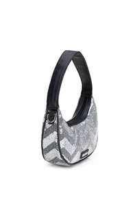 Hobo-tas met een zwart leren handvat, versierd met zilveren sequins in chevronpatroon op een textuurstof, met een ritsluiting en metalenhardware.