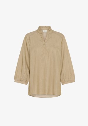 Svetlo bež tunika z nabranim ovratnikom, tremi gumbi in 3/4 puff rokavi. Narejena je iz teksturirane tkanine z rahlim sijajem.