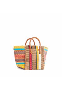 Borsa a spalla intrecciata con vivaci motivi multicolori, caratterizzata da manici e dettagli in pelle. Il design include righe e trame intricate.