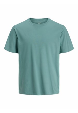 Tricou simplu cu mâneci scurte și guler rotund, în tonuri de teal estompate, realizat dintr-un material neted, afișat pe un fundal alb.