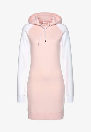 Kapuzenkleid in lichtrosa mit weißen Raglanärmeln. Verfügt über einen Kordelzug am Hals und ein Logo-Detail in Weiß an der unteren Seite. Weicher Stoff.
