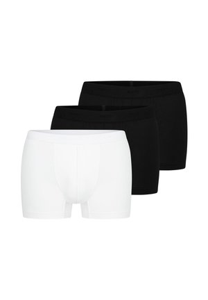 Drei Herren-Boxershorts, zwei schwarze und eine weiße, nebeneinander mit minimaler Schattierung auf weißem Hintergrund angeordnet.