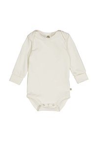 Bílý dlouhý rukáv bodysuit z měkkého materiálu s patentkami na dně, kulatým výstřihem a žebrovanými manžetami. Lehká a hladká textura.