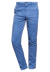 Modré bavlněné chinos kalhoty s úzkým střihem, mají zapínání na knoflík, zip a přední a zadní kapsy. Hladká textura, bez vzoru.