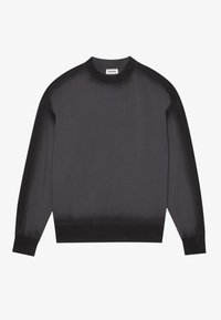 Svart hettegenser med en jevn tekstur, rund hals og ribbestrikkede ermer. Har et minimalistisk design uten synlige mønstre eller logoer.