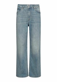 Ljusblå vida jeans i denim, med hög midja, femficksdesign och klassisk knapp- och dragkedjestängning.