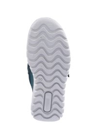 Semelle extérieure de chaussure présentant un motif de rainures ondulées en caoutchouc blanc, avec un accent noir solide près du talon et la taille « 30 » embossée près du centre.