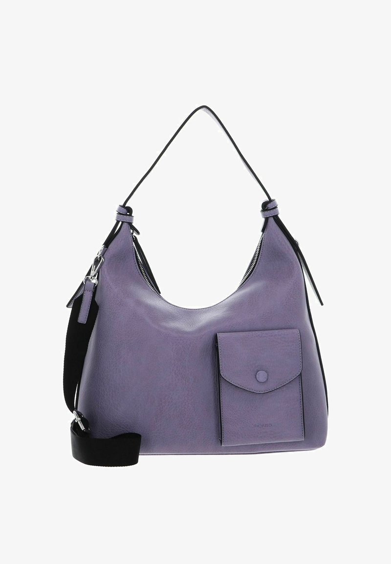 Sac hobo en cuir violet avec une texture lisse, une bandoulière réglable et une poche avant amovible dotée d'un rabat avec fermeture à bouton.
