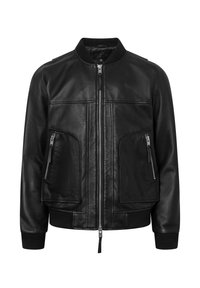 Chaqueta bomber de cuero negro con cierre frontal, cuello y puños acanalados, y dos bolsillos delanteros con cremallera. Textura suave, diseño clásico.