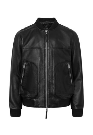 Giacca bomber in pelle nera con zip frontale, colletto e polsini a coste, e due tasche frontali con zip. Texture liscia, design classico.