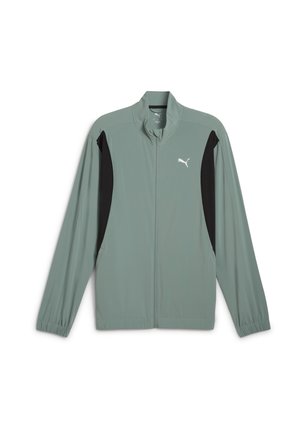 Hellgrüne Zip-Jacke mit hohem Kragen. Verfügt über schwarze Seitenpanels und ein weißes Puma-Logo auf der Brust. Glattes, leichtes Material.