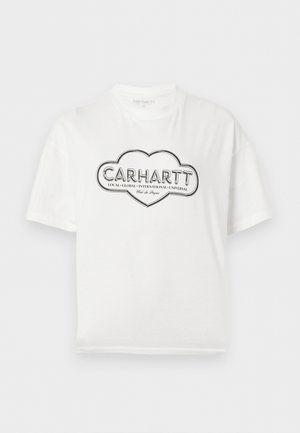 Valge Carhartti T-särk musta kontuuriga pilvekujunduse logoga ja ees tekst "CARHARTT Local Global International Universal".