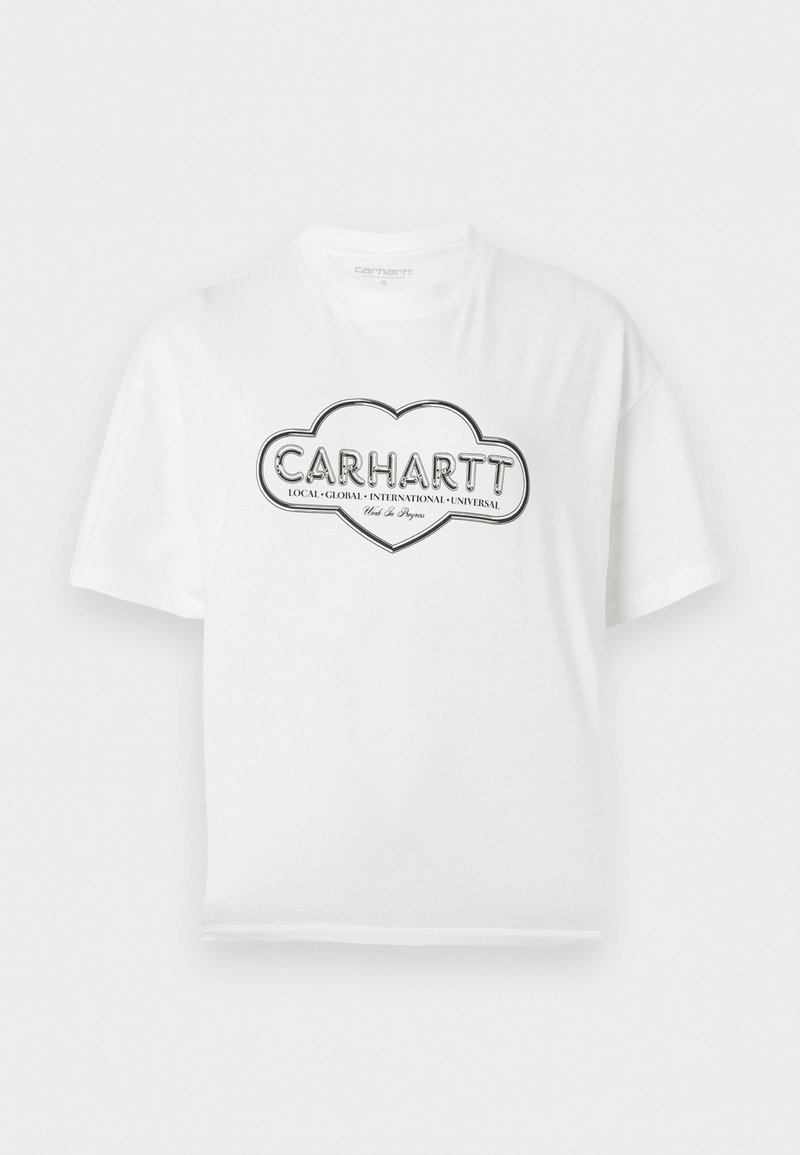Weißes Carhartt-T-Shirt mit schwarzem, wolkenförmigem Logo und dem Text "CARHARTT Local Global International Universal" auf der Vorderseite.