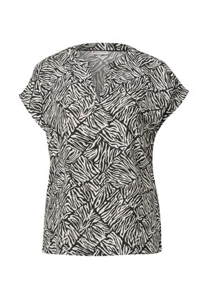Krótki rękaw bluzka z dekoltem w kształcie litery V, wykonana z lekkiego materiału, z czarno-białym wzorem zebra w designie mozaiki.