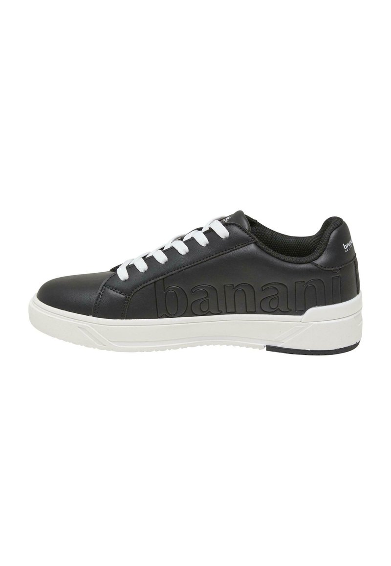 Czarne skórzane sneakersy z białymi sznurówkami, z teksturowanym boki z wytłoczonym napisem "banani", gumową podeszwą i wyściełanym kołnierzem dla komfortu.