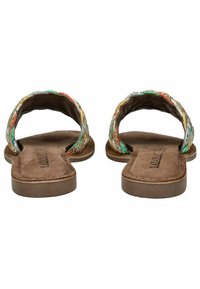 Sandali in tessuto intrecciato con un motivo multicolore, suola in suede marrone, design aperto e suole piatte per un look casual.