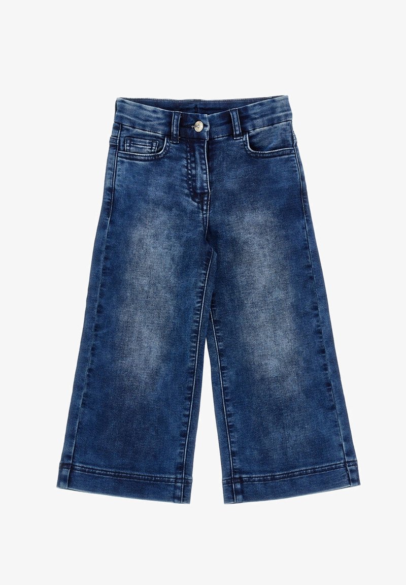 Denim culottes i mørkeblå med en falmet vask. Medium høj talje, knaplukning og sidelommer. Bred ben-design med lige snit.