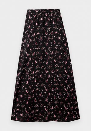 Gonna nera a linea A con vita elasticizzata, con un piccolo motivo floreale rosa distribuito uniformemente sul tessuto.