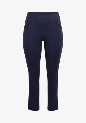 Marineblå bukser med en bred elastisk talje, udstyret med to frontlommer og et slankt, afsmalnet ben design. Fremstillet af et strækbart materiale.