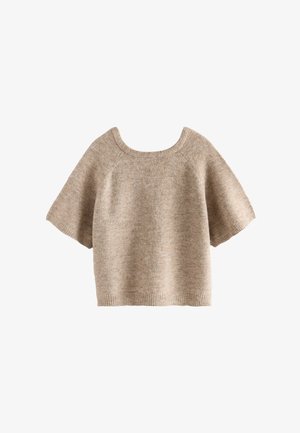 Svetra kratkih rukava svetlo rjave boje pletena sa širokim, labavim rukavima, sa rebrastim rubom i izrezom.