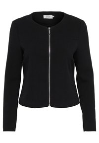 Veste noire en tissu lisse, présentant un col rond, une fermeture éclair à l'avant et des manches longues avec une coupe ajustée et des coutures minimales.