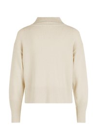 Pull en maille beige avec un col haut en côtes et des manches longues. Présente un design court et une texture côtelée à l'ourlet et aux poignets.