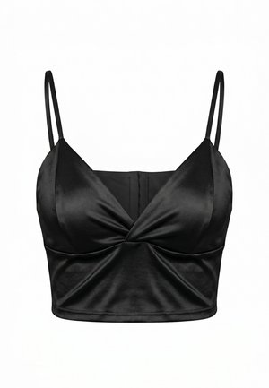 Top cropped in raso nero con sottili doppie spalline e design frontale intrecciato.