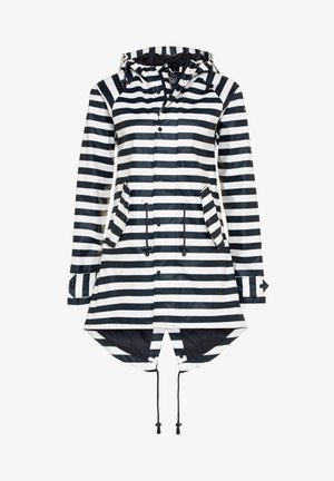 Striped raincoat with black and white horizontal stripes, a hood, snap buttons, two pockets, adjustable drawstrings, and arounded hem.