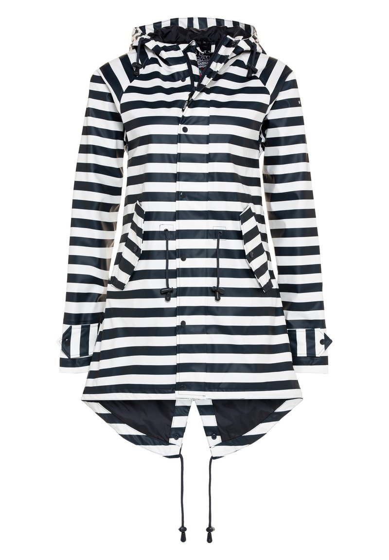 Striped raincoat with black and white horizontal stripes, a hood, snap buttons, two pockets, adjustable drawstrings, and arounded hem.