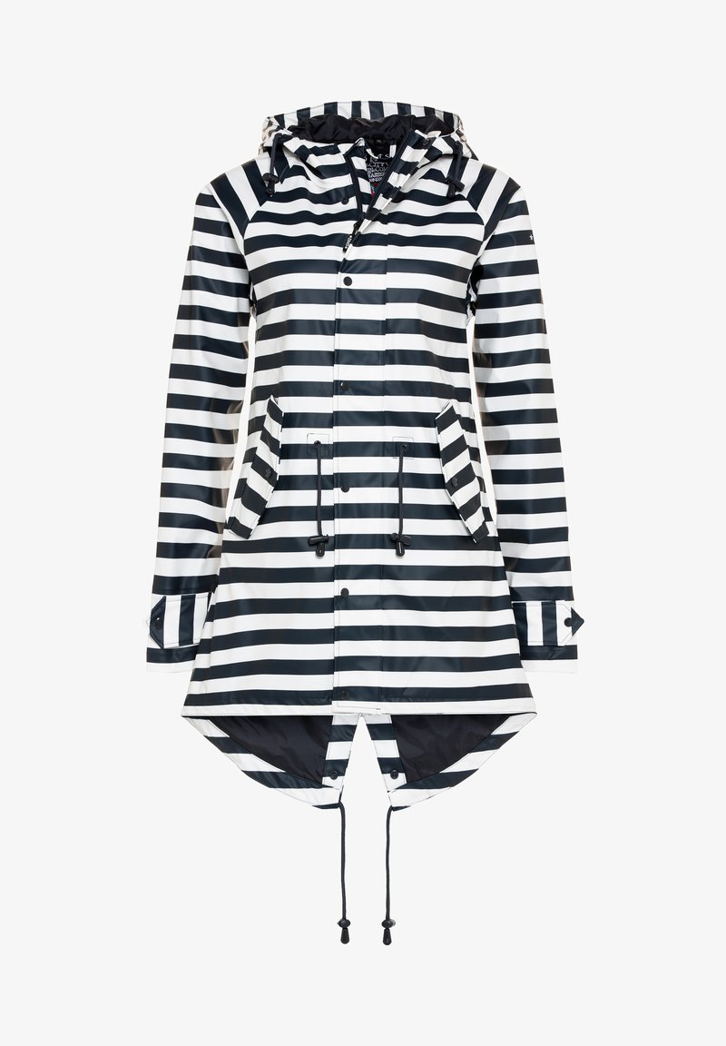 Striped raincoat with black and white horizontal stripes, a hood, snap buttons, two pockets, adjustable drawstrings, and arounded hem.