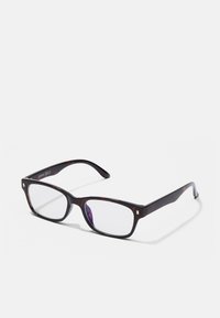 Ochelari dreptunghiulari tortoiseshell maro cu lentile clare. Dispune de accente aurii pe ramă și branding "ANNA FIELD" pe templu.
