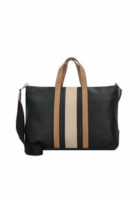 Borsa in pelle nera con manici color cammello e una striscia centrale color crema. Presenta una tracolla removibile e un design strutturato.