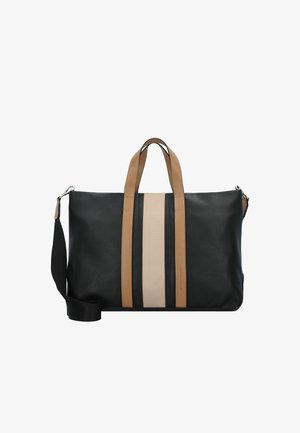 Bolsa de cuero negro con asas de color marrón claro y una franja central de color crema. Presenta una correa de hombro removible y un diseño estructurado.