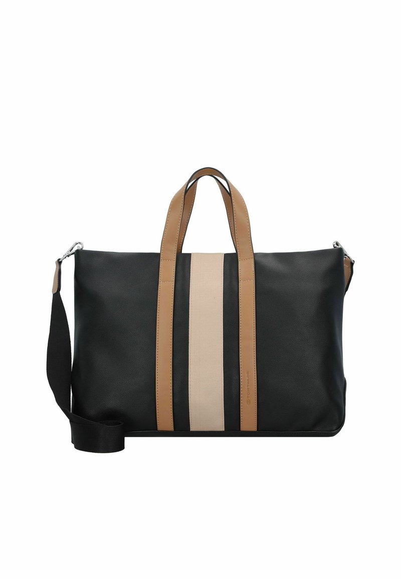 Borsa in pelle nera con manici color cammello e una striscia centrale color crema. Presenta una tracolla removibile e un design strutturato.