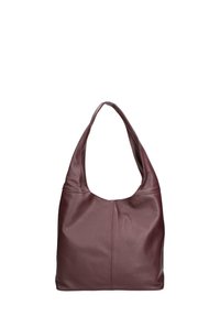 Borsa a spalla in pelle borgogna con una texture morbida, manico superiore curvato e un ampio scomparto principale, caratterizzata da dettagli di cucitura minimalisti.