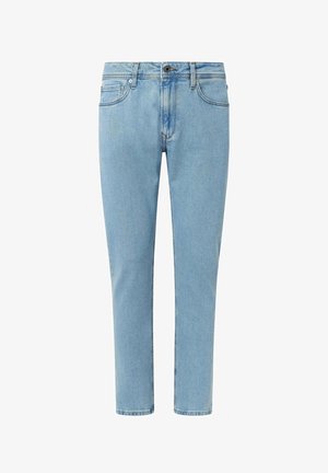 Jeans in denim blu chiaro con taglio dritto, cinque tasche, chiusura con bottone e cuciture a vista. Presenta una finitura leggermente sbiadita.