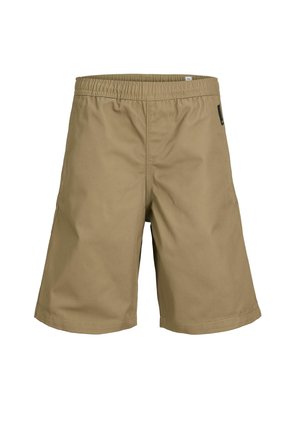 Khaki kratke hlače iz lahkega materiala z elastičnim pasom, ki vključujejo dva stranska žepa in preprost, raven rob.