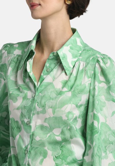 Sieviete, kas valkā gaiši zaļu un baltu ziedu apdrukas pogājamu blūzi ar uzpūstām piedurknēm un zelta apaļu auskari, nedaudz vērsta pa kreisi.