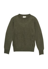 Olivgrön stickad tröja med rundad hals, ribbade ärmslut och strukturerat mönster över hela ytan. Tillverkad av mjukt, lätt material.