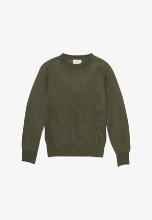 Olivgrün gestrickter Pullover mit Rundhalsausschnitt, gerippten Bündchen und strukturiertem Muster. Hergestellt aus weichem, leichtem Material.