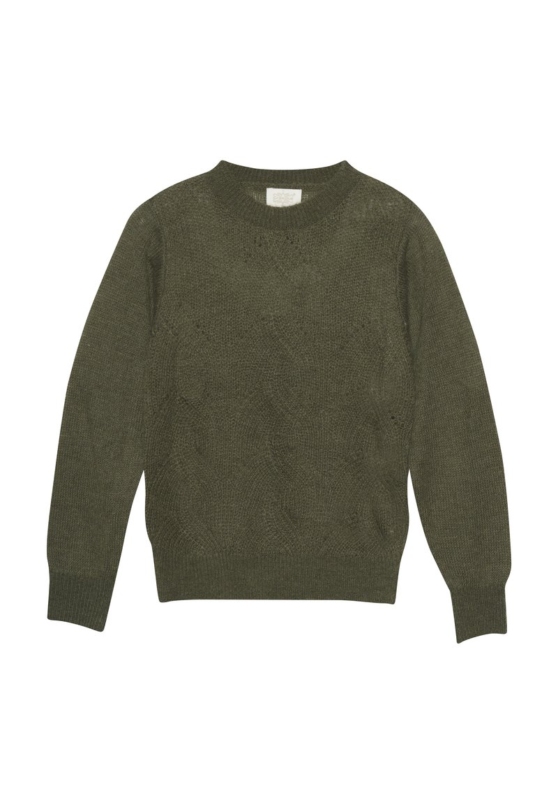 Olivgrön stickad tröja med rundad hals, ribbade ärmslut och strukturerat mönster över hela ytan. Tillverkad av mjukt, lätt material.