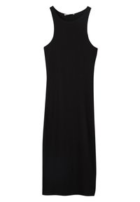 Schwarzes ärmelloses Kleid aus weichem, dehnbarem Stoff, mit einer figurnahen Passform, rundem Ausschnitt und geradem Saum.