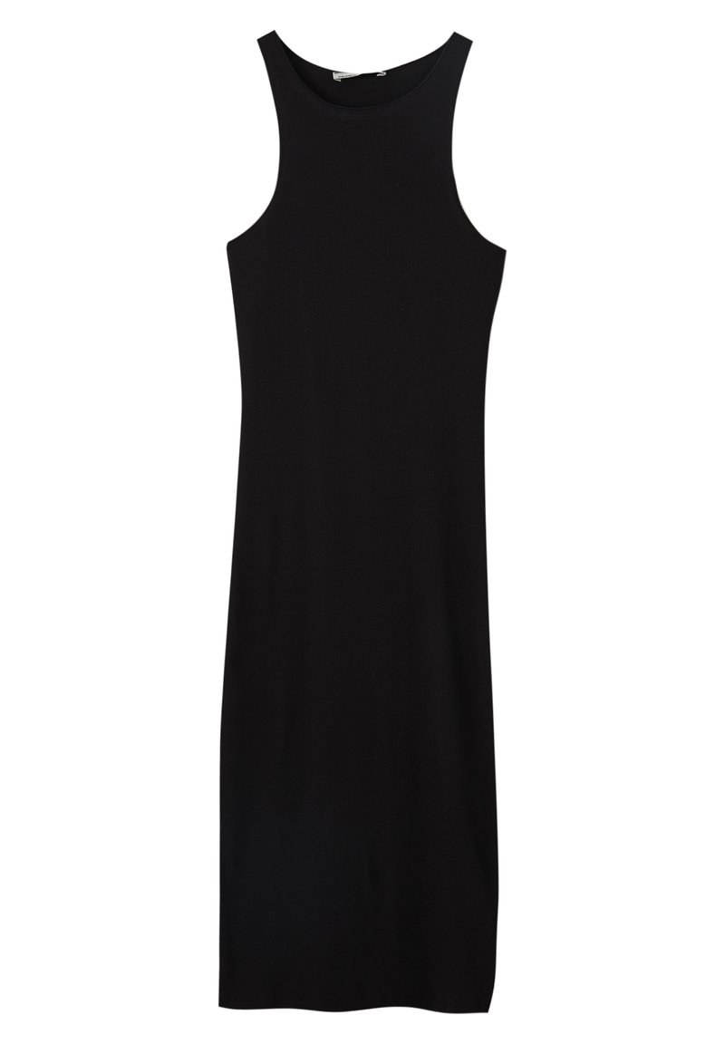 Schwarzes ärmelloses Kleid aus weichem, dehnbarem Stoff, mit einer figurnahen Passform, rundem Ausschnitt und geradem Saum.